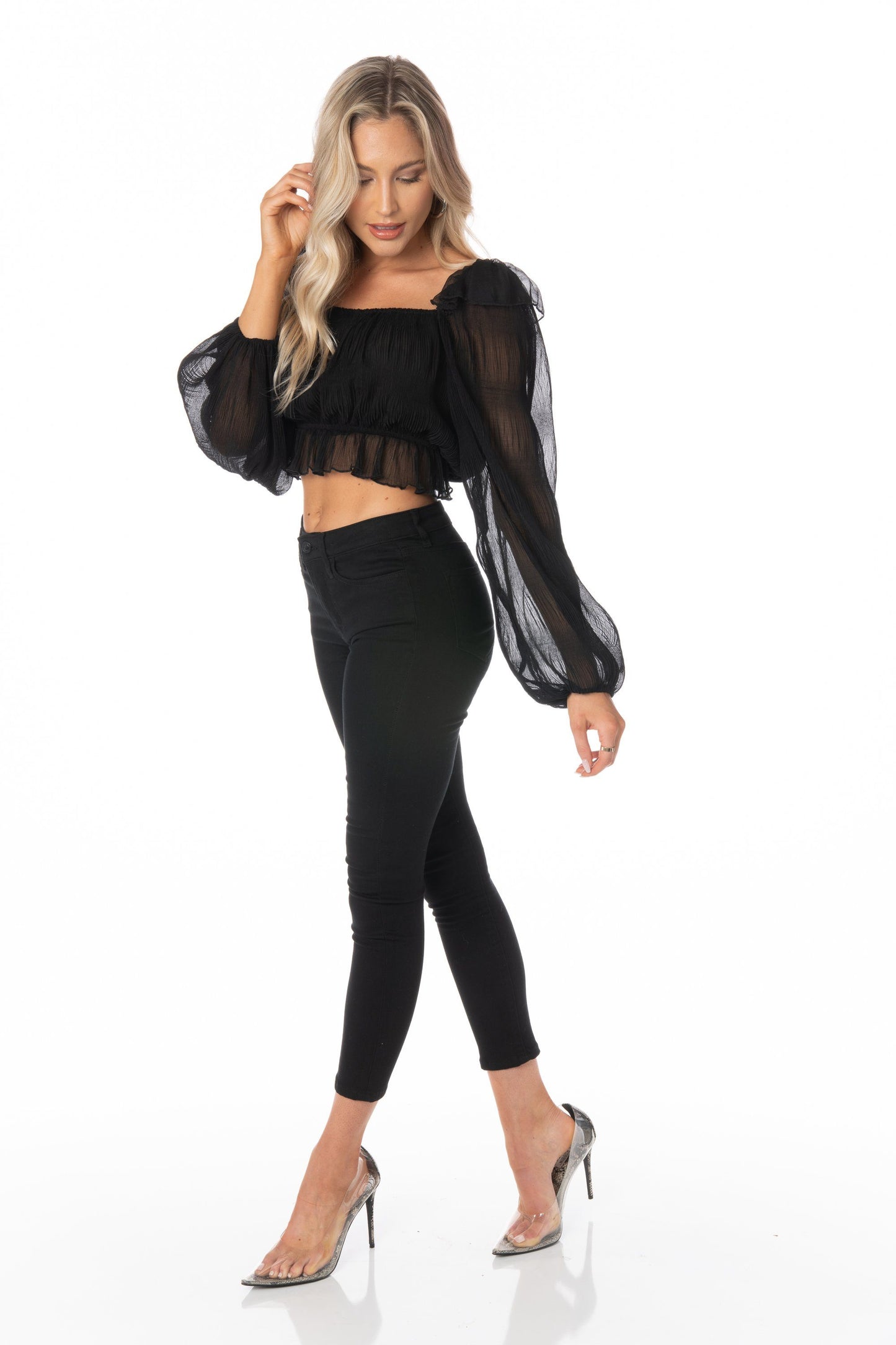 Black Sheer Long Sleeve Square Neck Cropped Blouse Tops HYPEACH BOUTIQUE