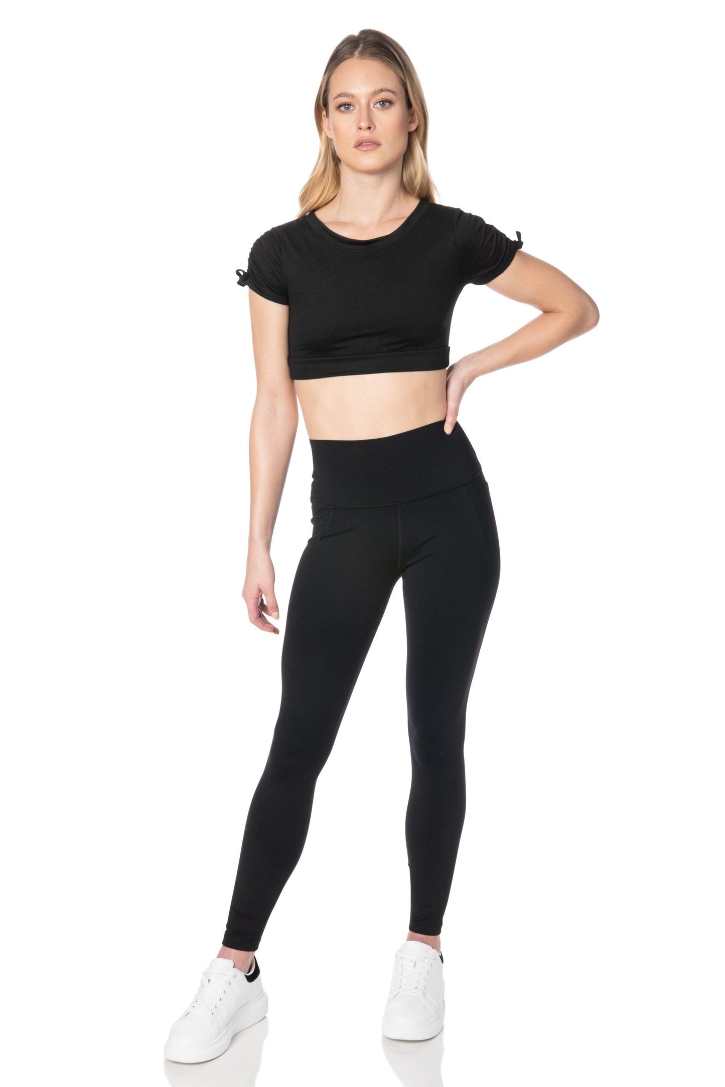 Black Shirred Sleeve Crop Top - Hypeach Active Tops HYPEACH
