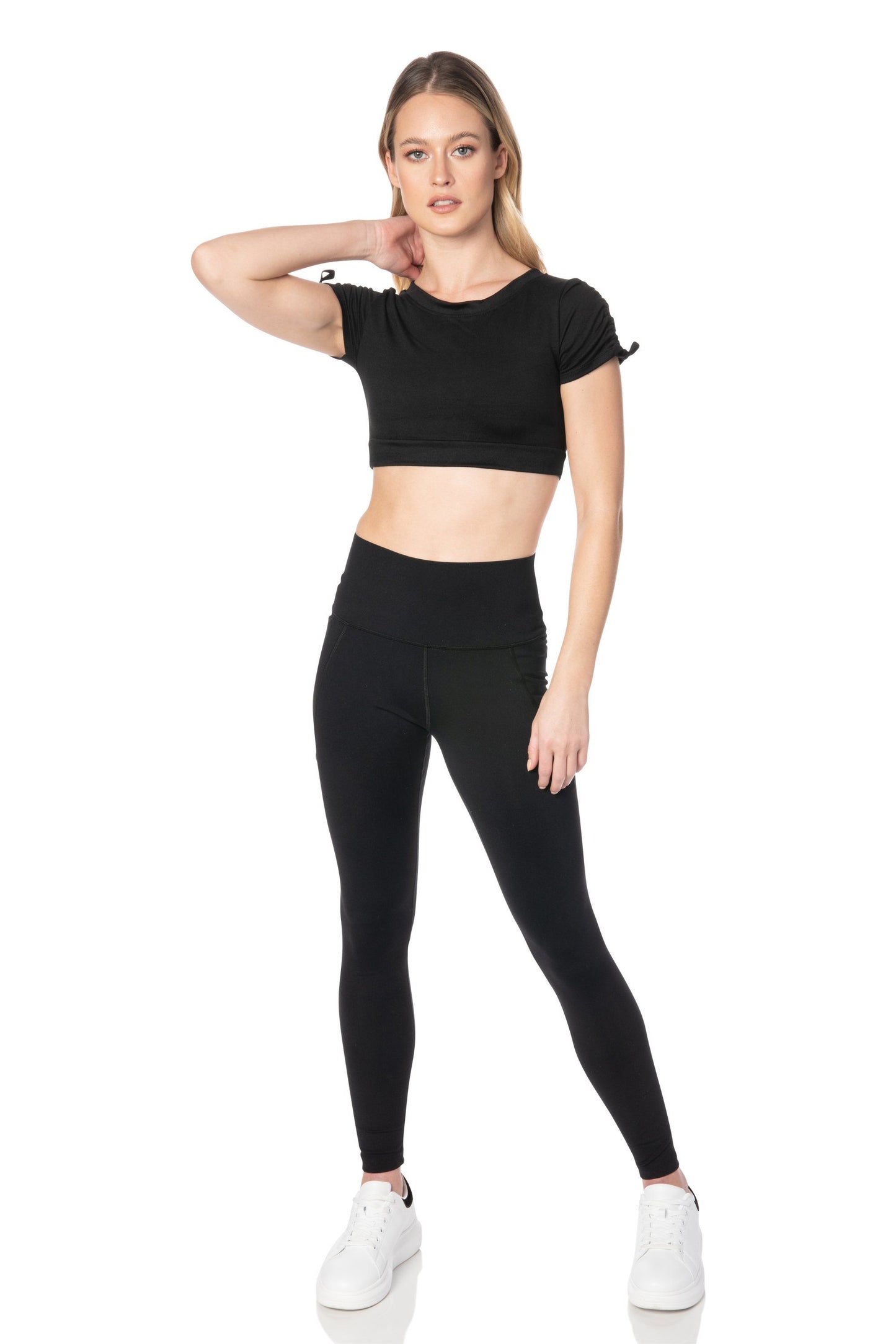 Black Shirred Sleeve Crop Top - Hypeach Active Tops HYPEACH