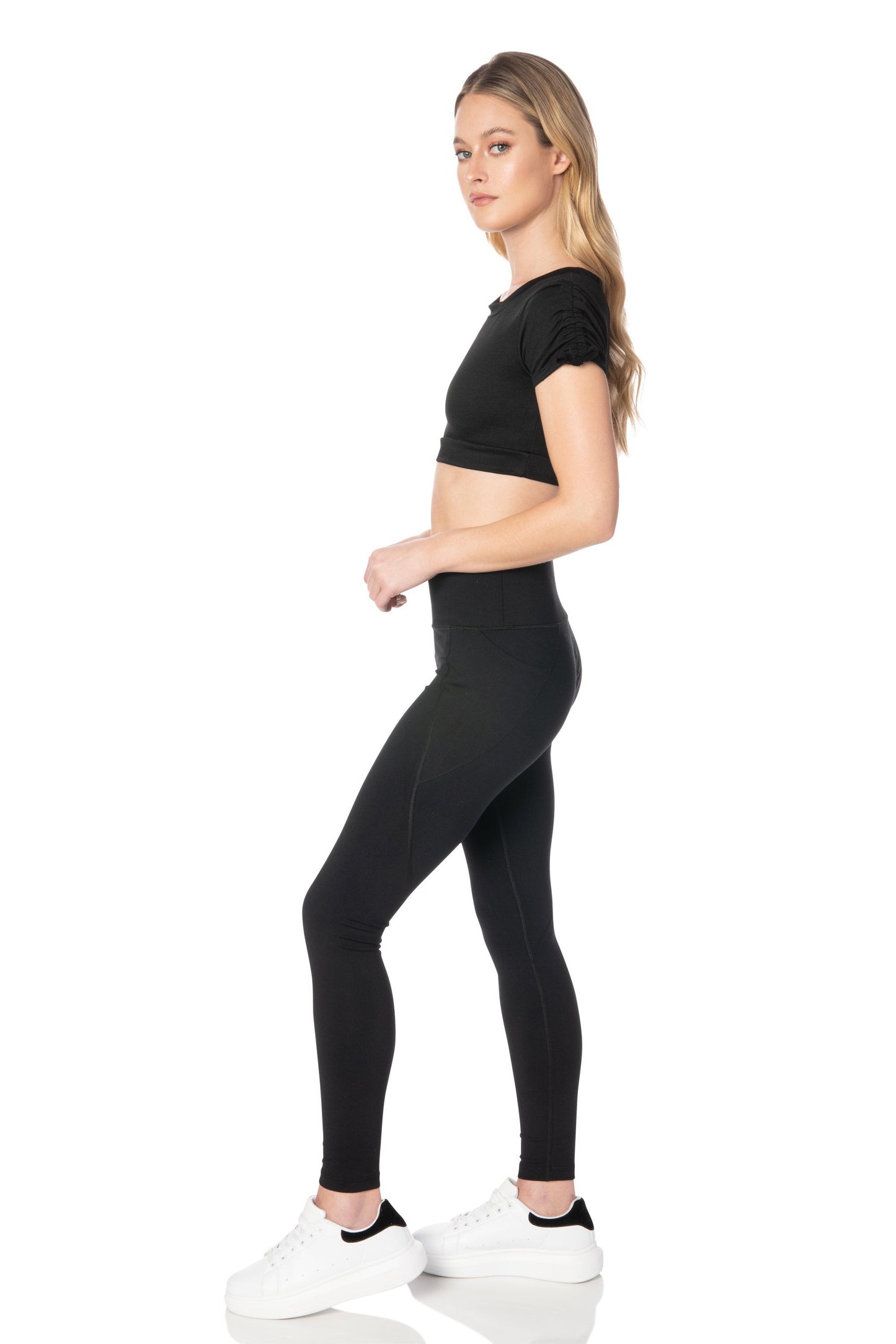 Black Shirred Sleeve Crop Top - Hypeach Active Tops HYPEACH