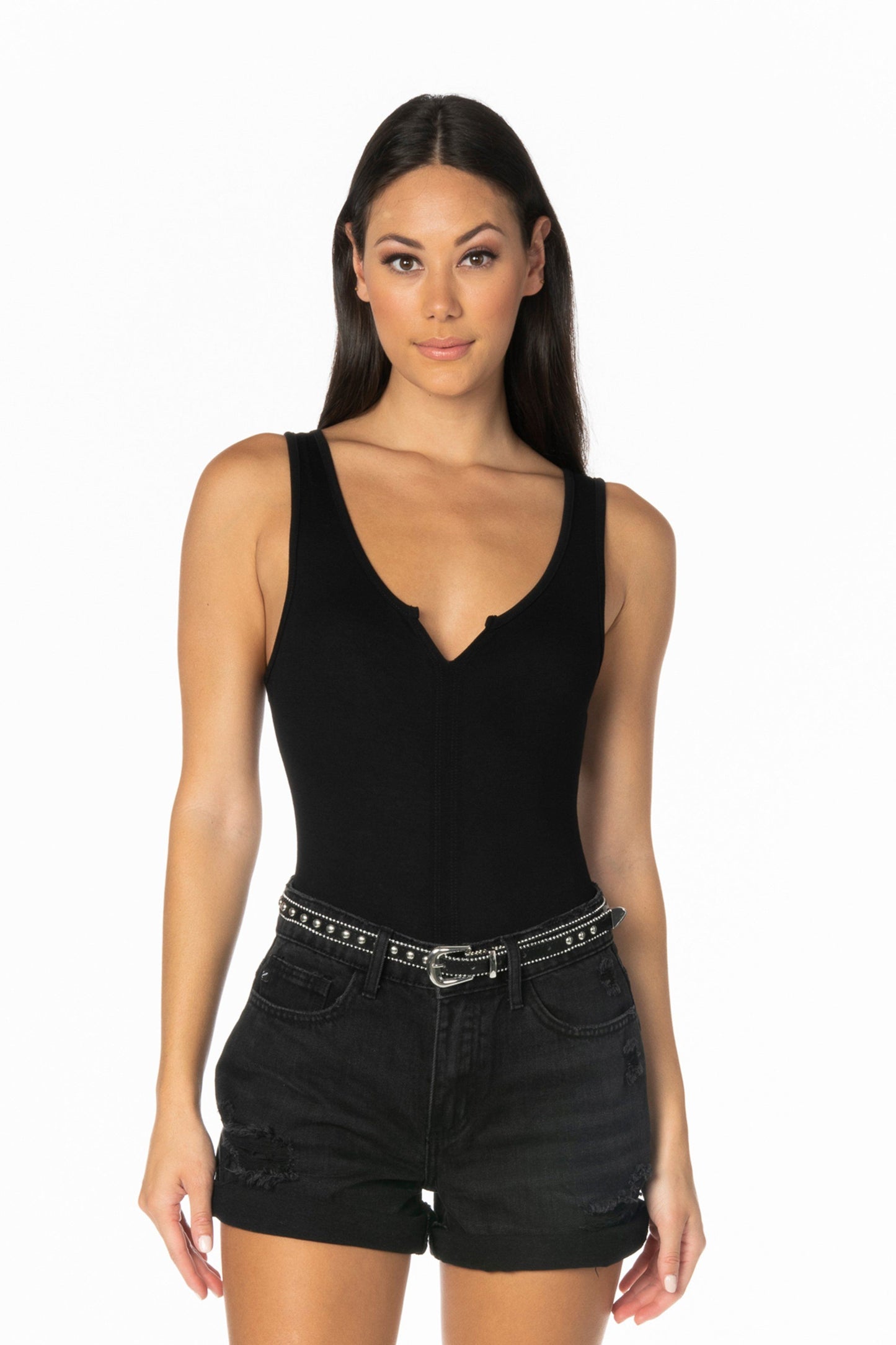 Black Tank V Notch Bodysuit Tops HYPEACH BOUTIQUE