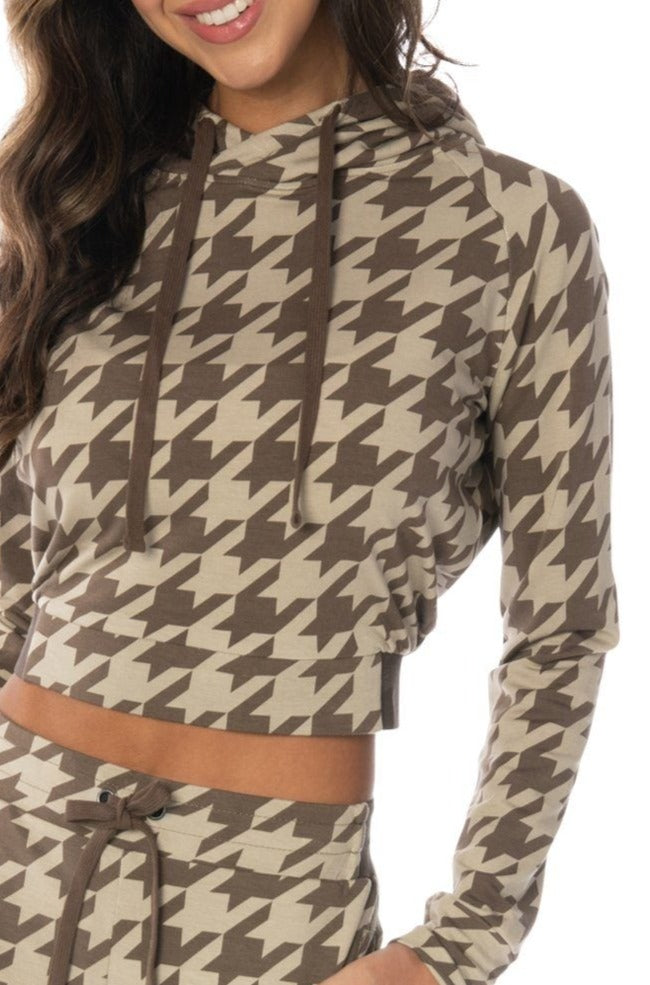 Brown Houndstooth Pullover Hoodie - Hypeach Lounge Tops HYPEACH