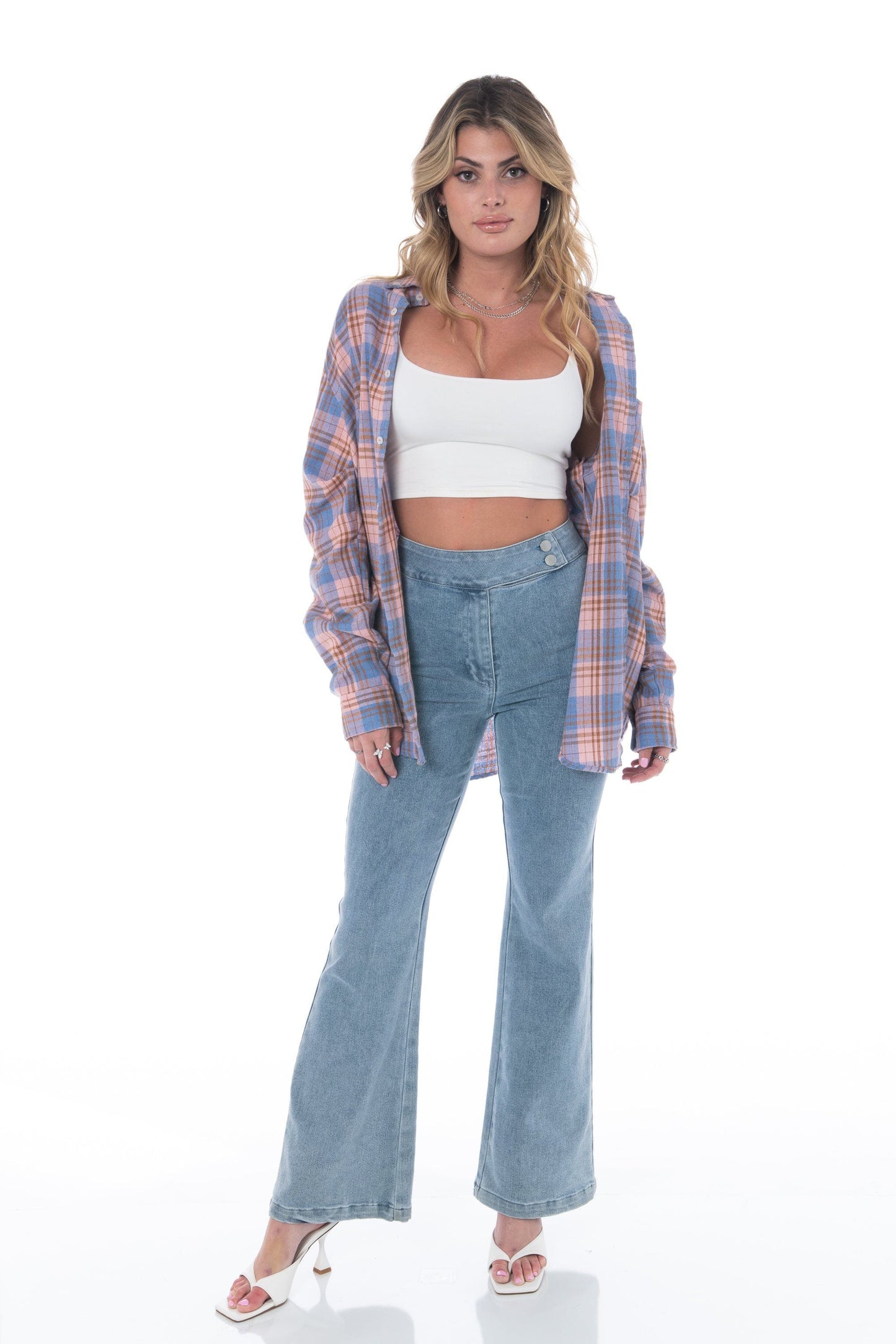 Bubble Gum Pink & Blue Oversized Flannel Tops HYPEACH BOUTIQUE
