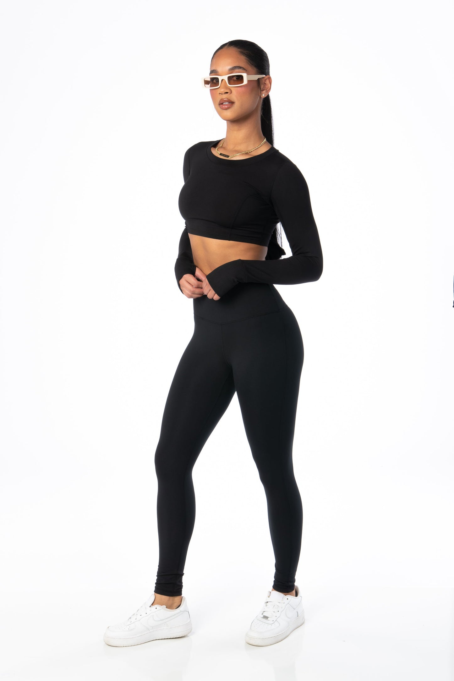 Cropped Long Sleeve with Tie-Back Black Activewear HYPEACH BOUTIQUE