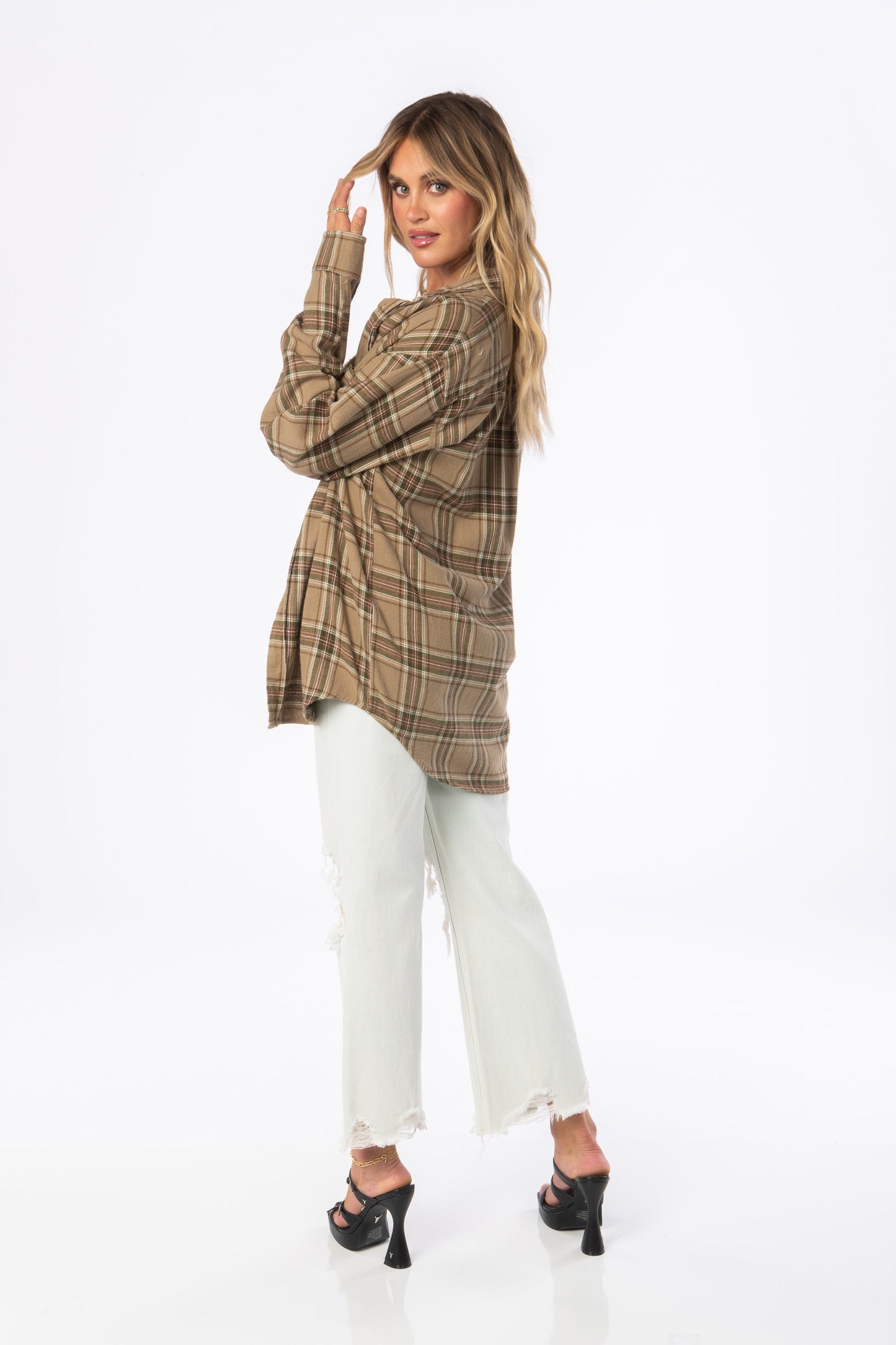 Palm Desert Olive Oversized Flannel Tops HYPEACH BOUTIQUE