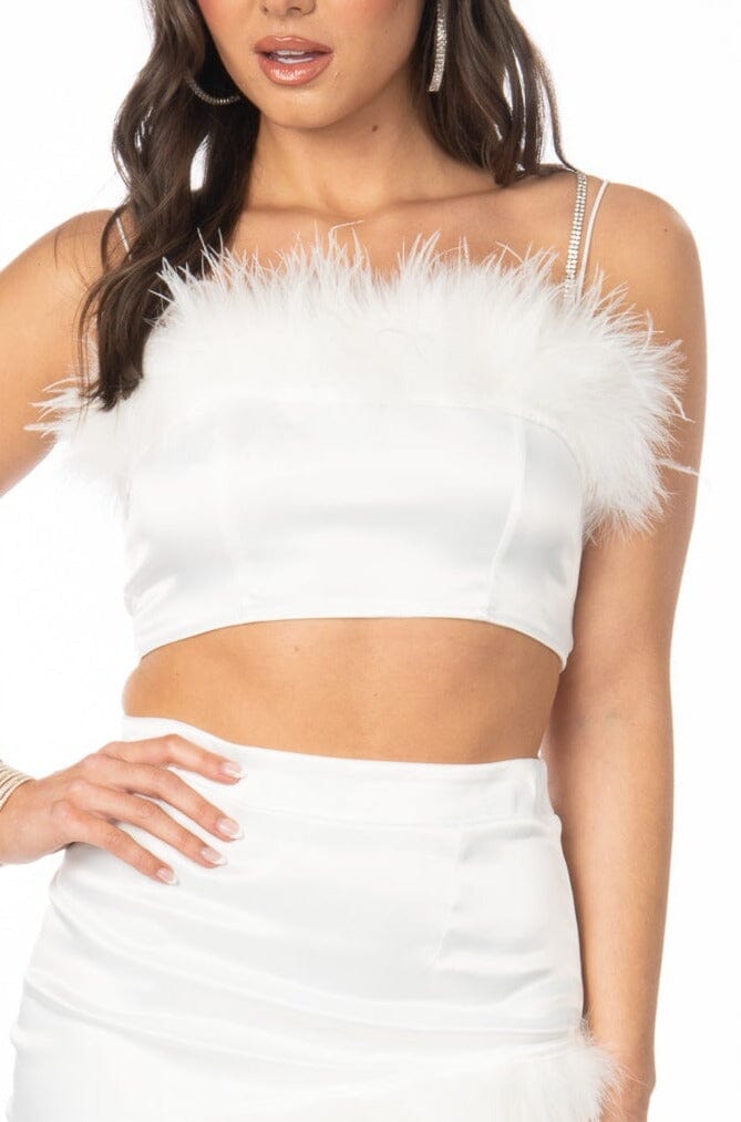 Paris Satin Feathered White Top Tops HYPEACH