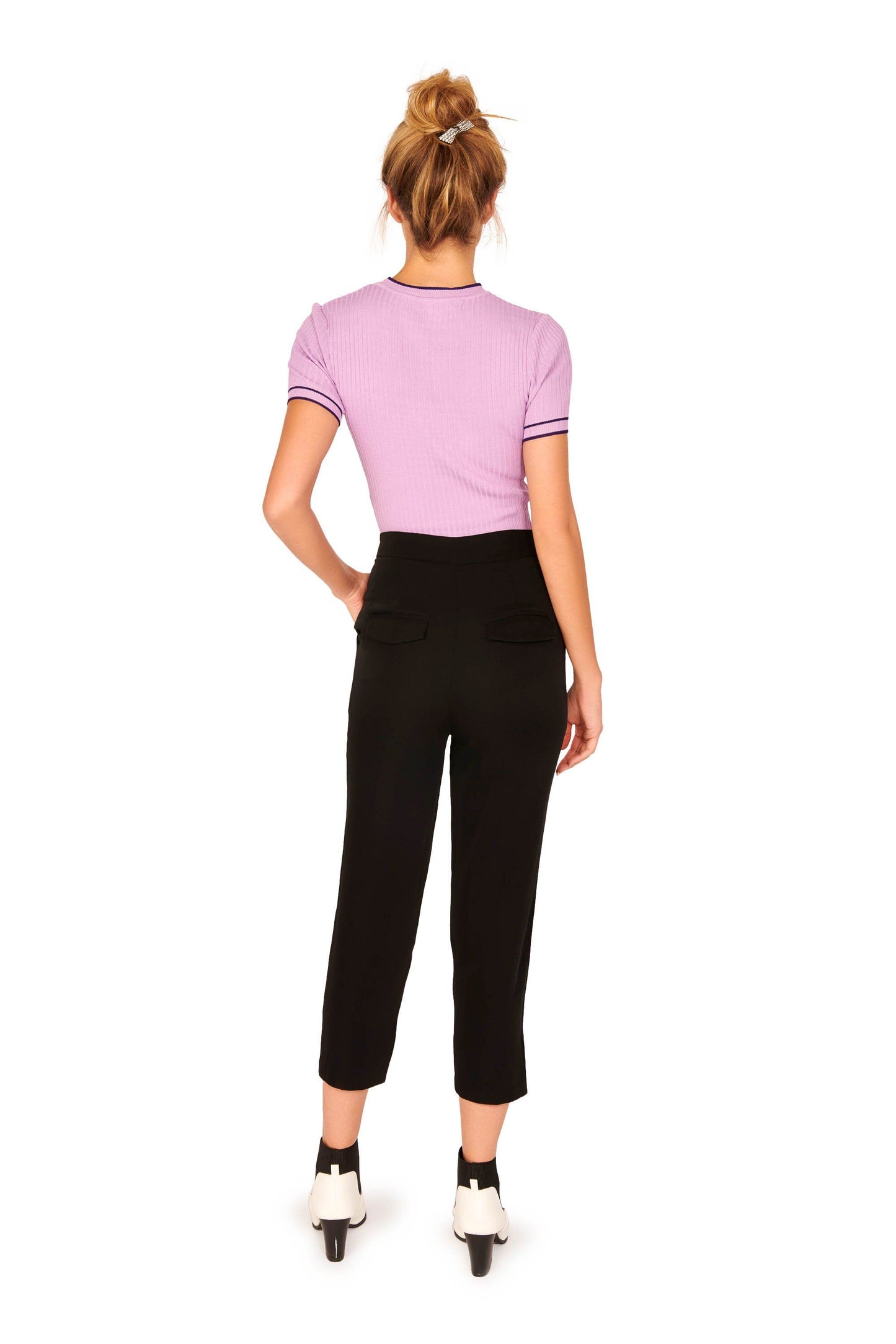 Short Sleeve Ribbed Crew Neck Contrast Knit Sweater Lavender Tops HYPEACH BOUTIQUE