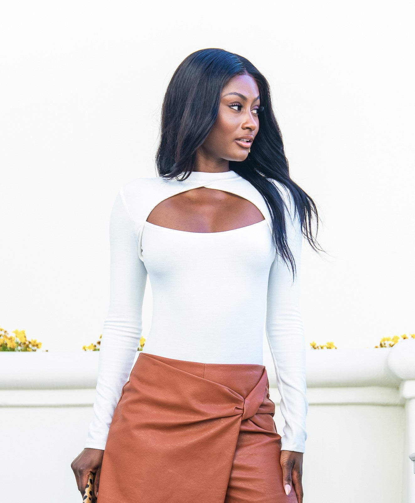 Winter White Long Sleeve Mock Neck Cut-Out Bodysuit Tops HYPEACH BOUTIQUE