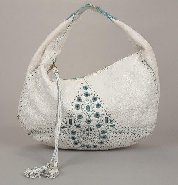 Cole Haan Kayla en cuir grainé blanc avec sac à main hobo brodé turquoise