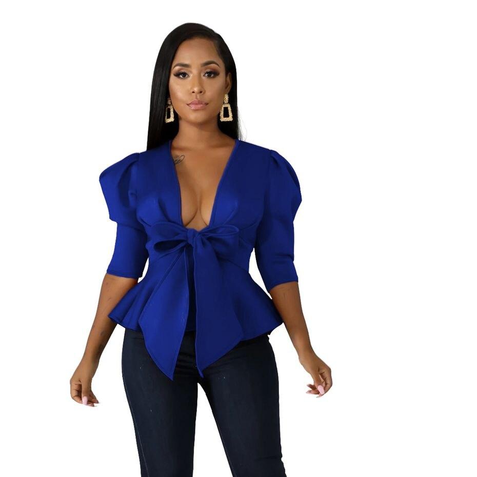 Modern Blouse V Neck Half Sleeve Ruffle Front Bow Style