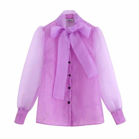Elegant Blouse Solid Green Bow-Tie Collar Long Sleeve