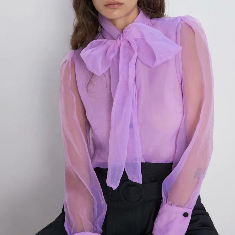 Elegant Blouse Solid Green Bow-Tie Collar Long Sleeve