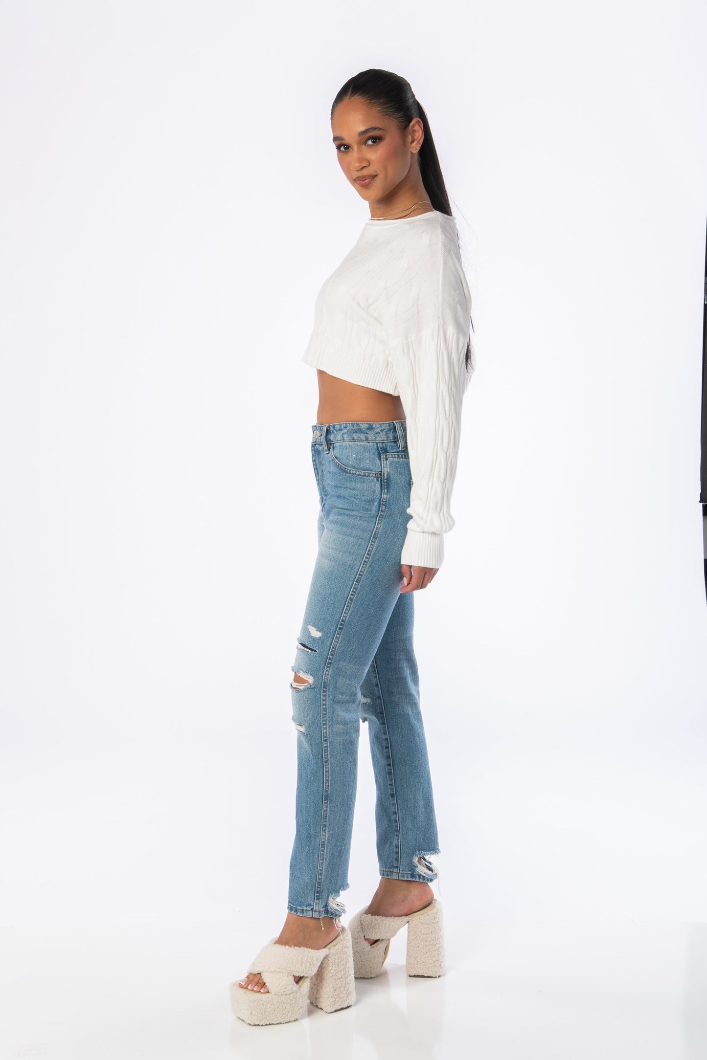 90s Baby Cropped Knit Sweater White Tops HYPEACH BOUTIQUE 