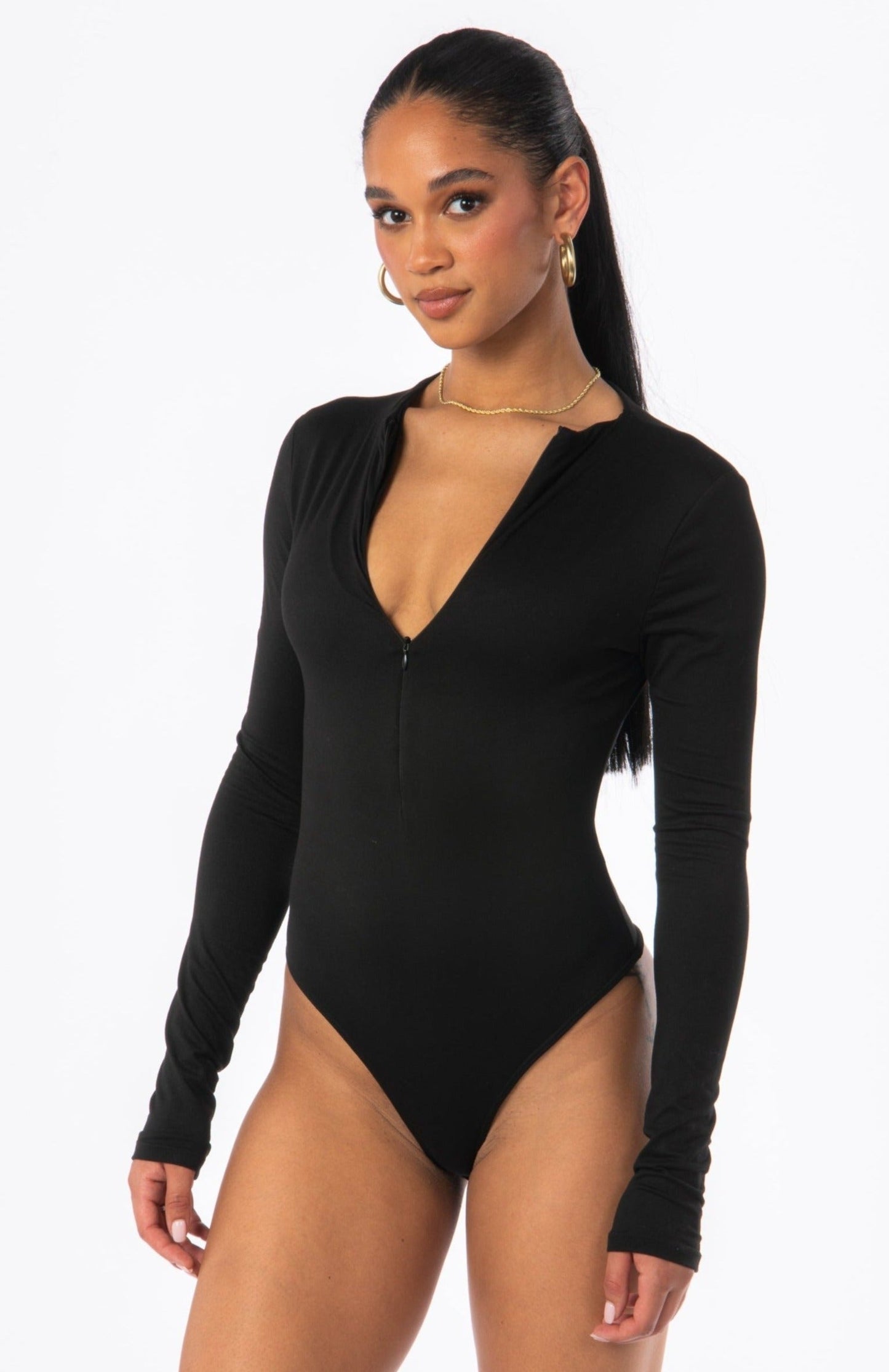 Black Front Zipper Closure Long Sleeve Bodysuit Tops HYPEACH 