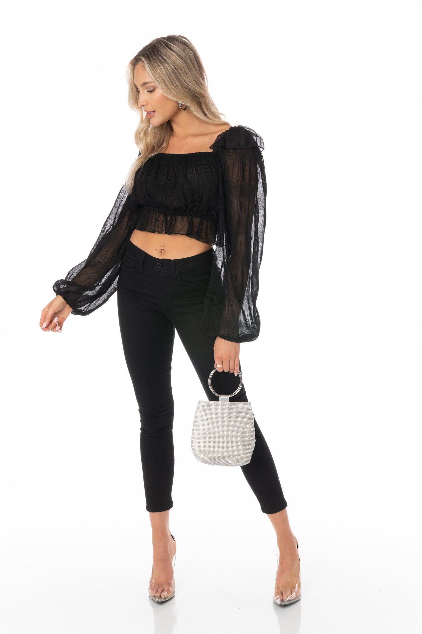 Black Sheer Long Sleeve Square Neck Cropped Blouse Tops HYPEACH BOUTIQUE 