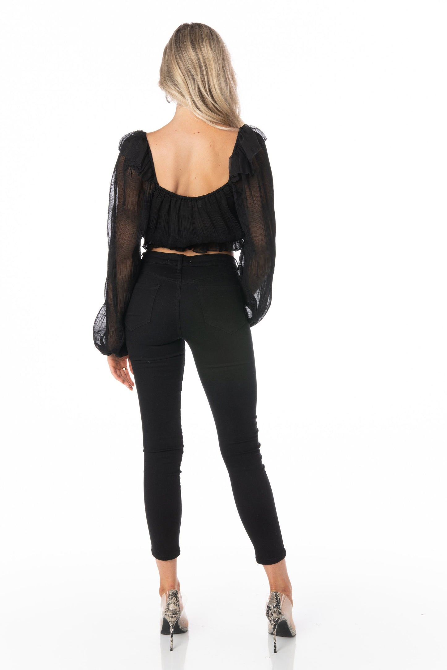 Black Sheer Long Sleeve Square Neck Cropped Blouse Tops HYPEACH BOUTIQUE 