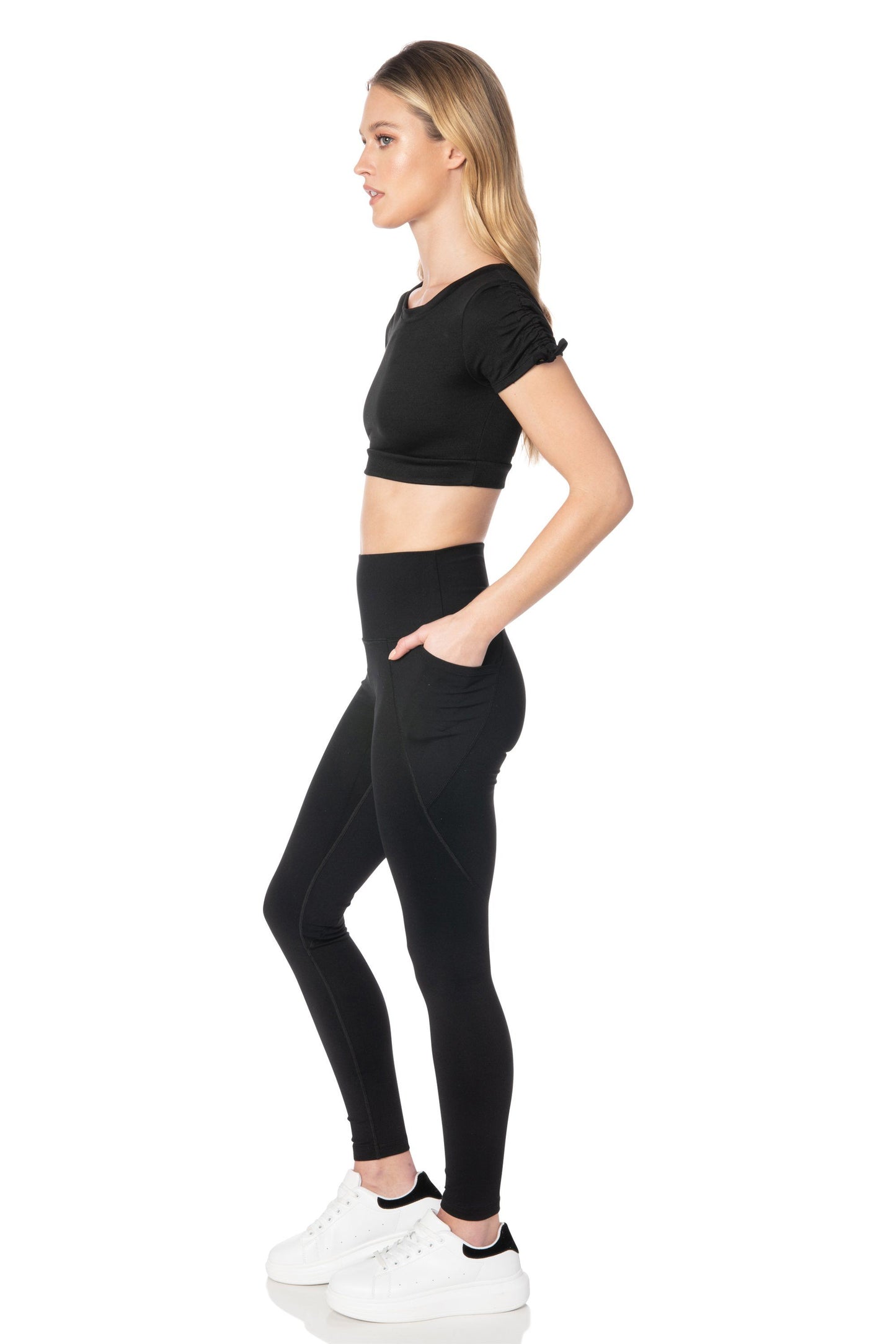 Black Shirred Sleeve Crop Top - Hypeach Active Tops HYPEACH 