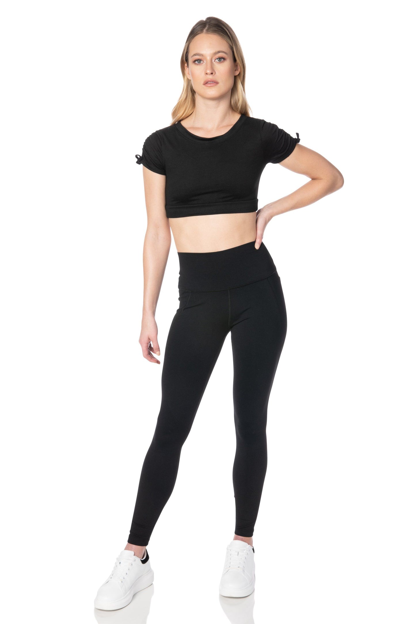 Black Shirred Sleeve Crop Top - Hypeach Active Tops HYPEACH 