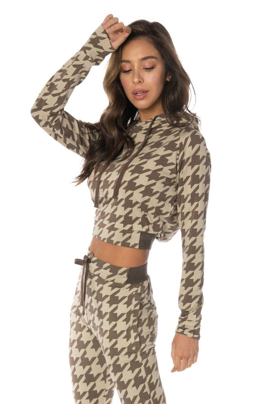 Brown Houndstooth Pullover Hoodie - Hypeach Lounge Tops HYPEACH 