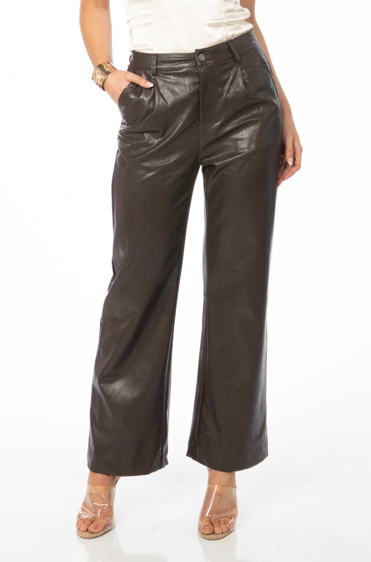 City of Angels Trousers Brown Faux Leather Trousers Bottoms HYPEACH 