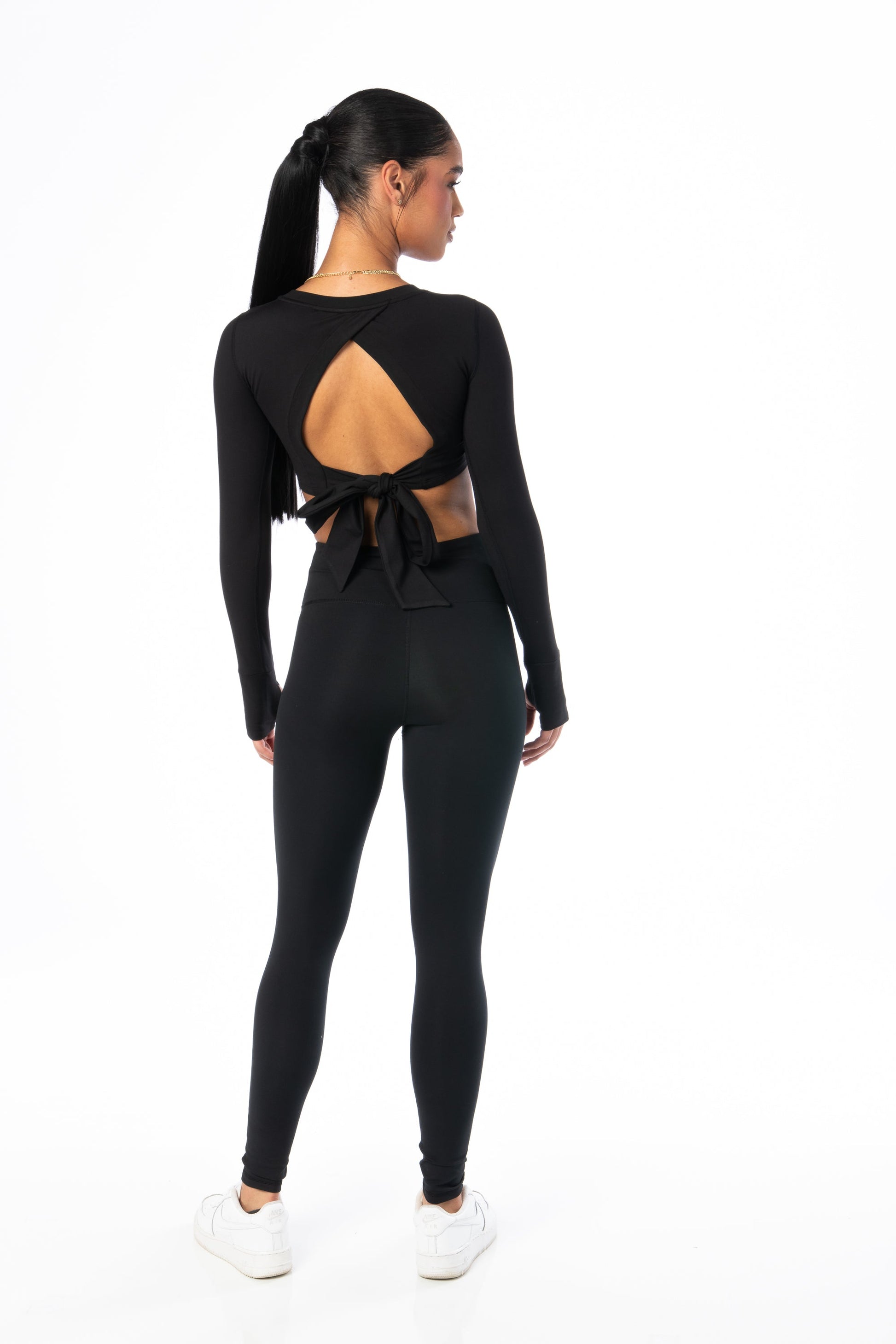 Cropped Long Sleeve with Tie-Back Black Activewear HYPEACH BOUTIQUE 