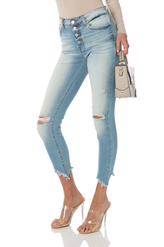 Kancan High Rise Medium-Light Wash Distressed Ankles Skinny Jeans Denim HYPEACH BOUTIQUE 