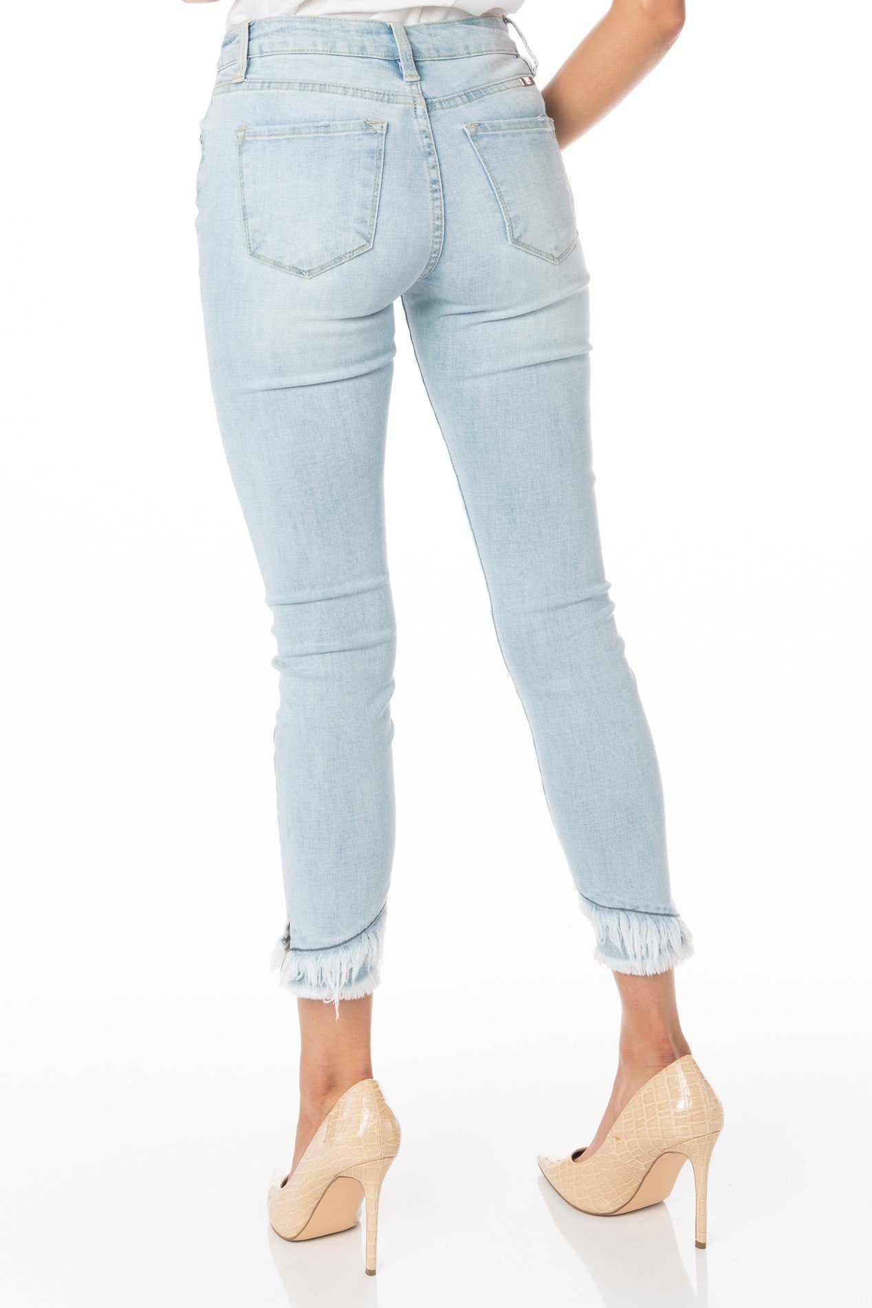 Kancan Mid Rise Light Wash Skinny Jean With Frayed Hem Denim HYPEACH BOUTIQUE 