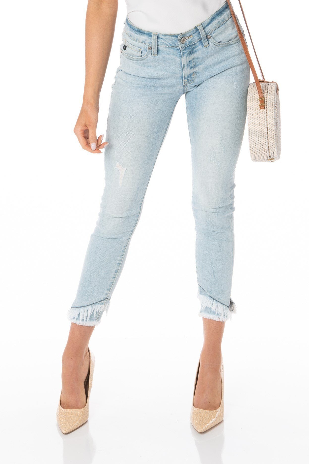 Kancan Mid Rise Light Wash Skinny Jean With Frayed Hem Denim HYPEACH BOUTIQUE 