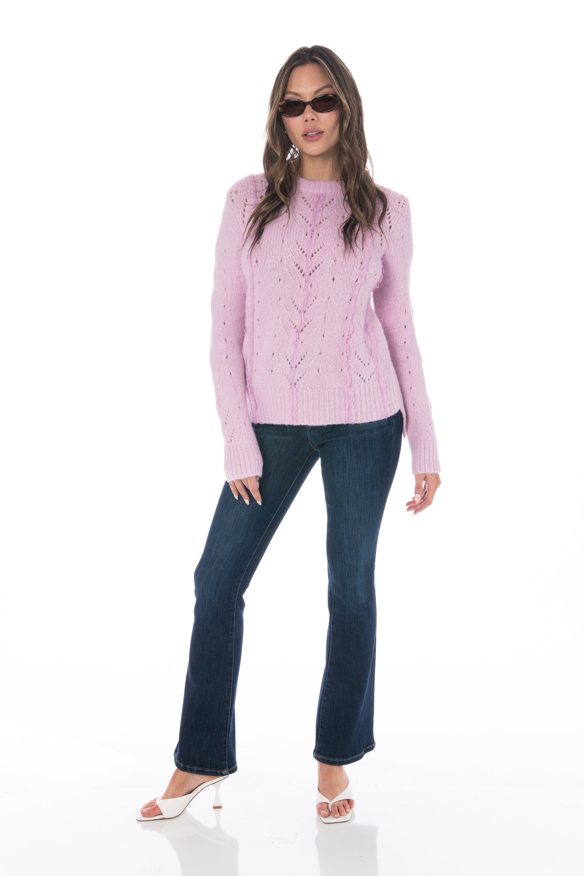 Long Sleeve Laced Knit Crew Neck Sweater Lavender Tops HYPEACH BOUTIQUE 