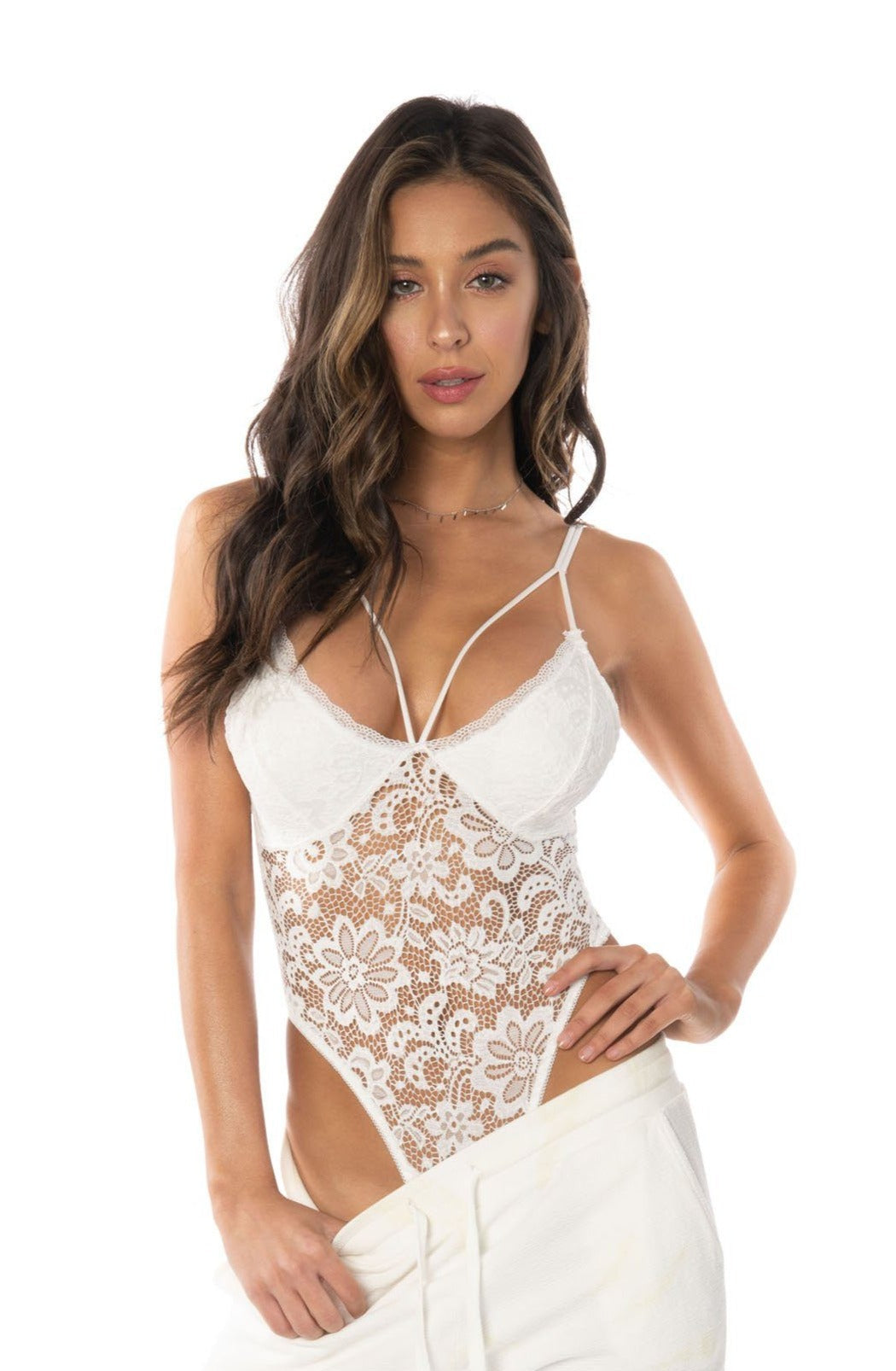 Tropical Orchid Lace Bodysuit White Tops HYPEACH 