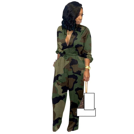 Long Sleeve Camouflage Printed Jumpsuit fashion Loose Tie Front