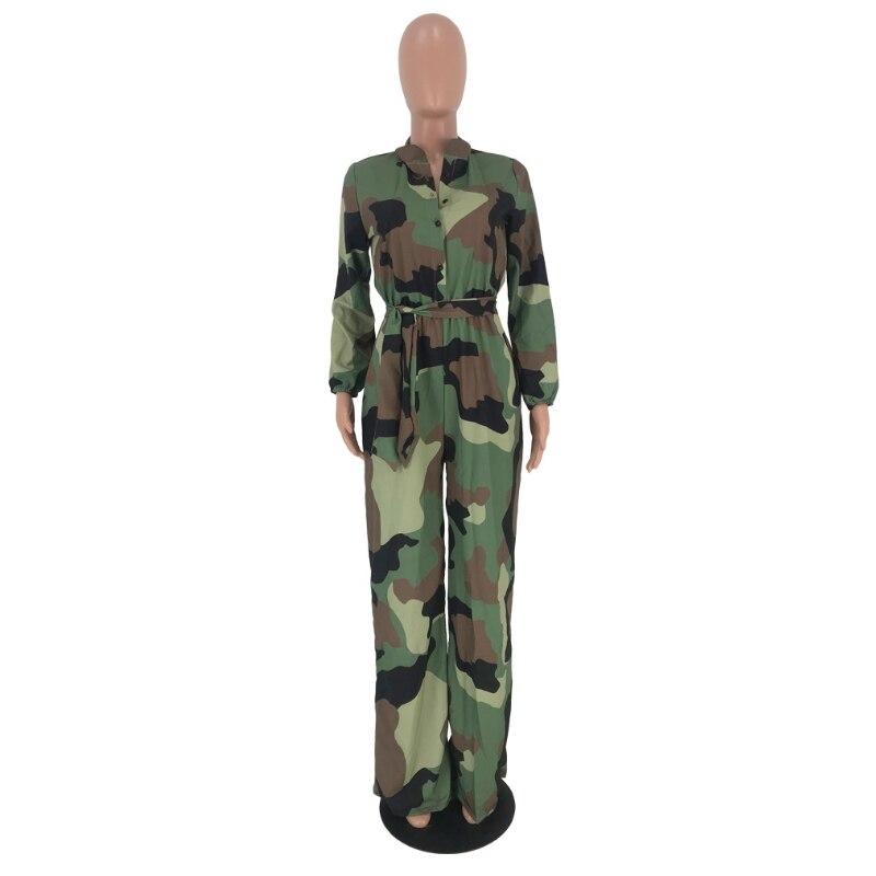 Long Sleeve Camouflage Printed Jumpsuit fashion Loose Tie Front