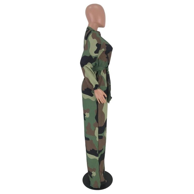 Long Sleeve Camouflage Printed Jumpsuit fashion Loose Tie Front