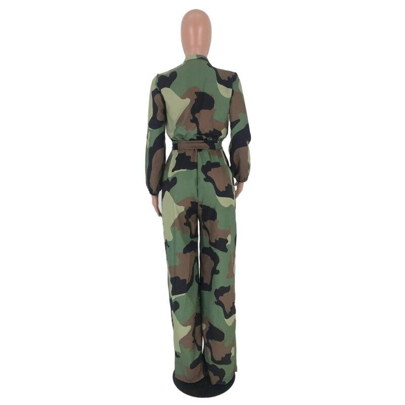 Long Sleeve Camouflage Printed Jumpsuit fashion Loose Tie Front