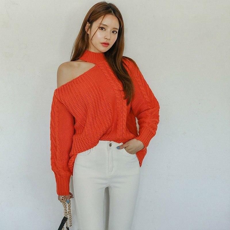 New Sweater Solid Casual One Shoulder Pullover Hollow Fit