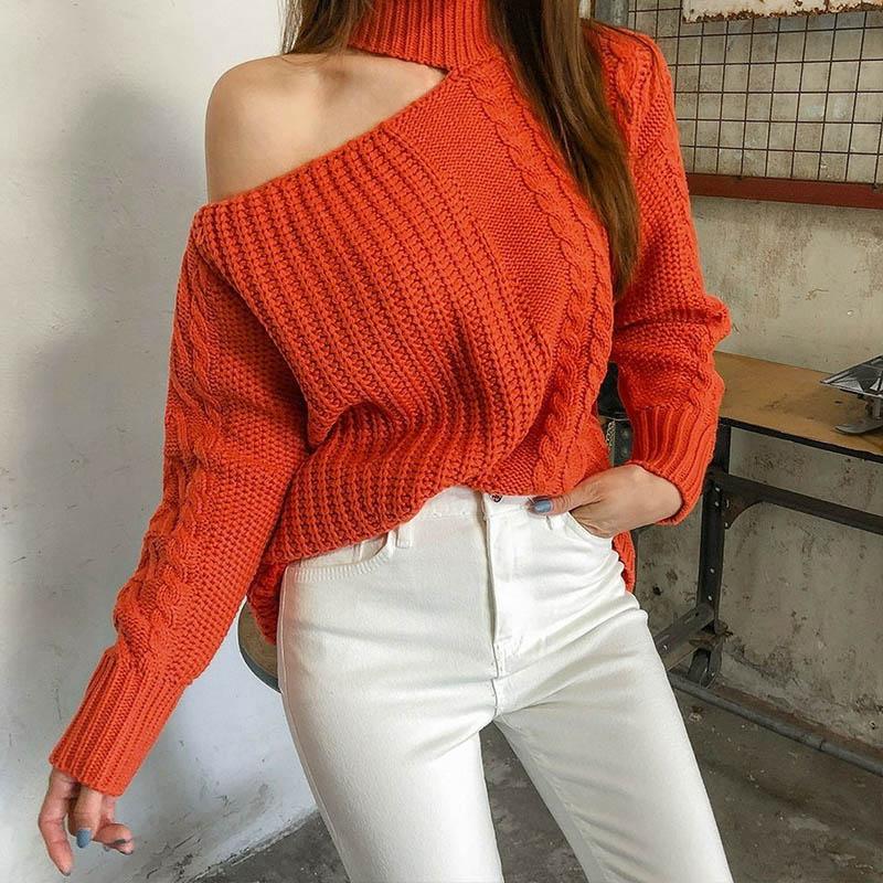 New Sweater Solid Casual One Shoulder Pullover Hollow Fit