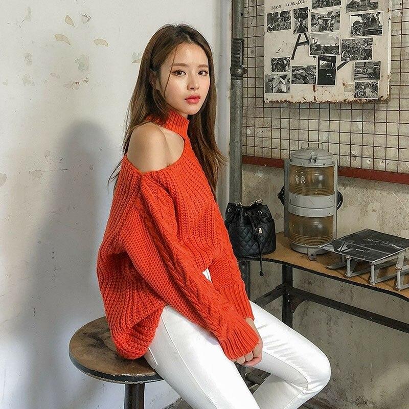 New Sweater Solid Casual One Shoulder Pullover Hollow Fit