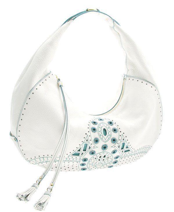 Cole Haan Kayla White Pebbled Leather w Turquoise Embroidered Hobo Handbag