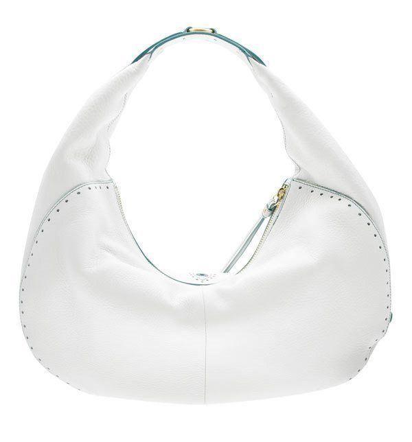 Cole Haan Kayla White Pebbled Leather w Turquoise Embroidered Hobo Handbag