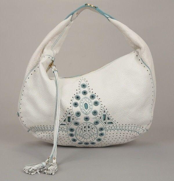 Cole Haan Kayla White Pebbled Leather w Turquoise Embroidered Hobo Handbag