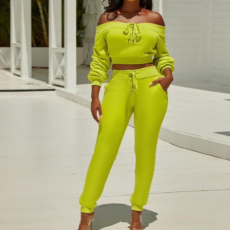 Off Shoulder Top Sweatsuit Pants & Long Sleeve Romantic Style