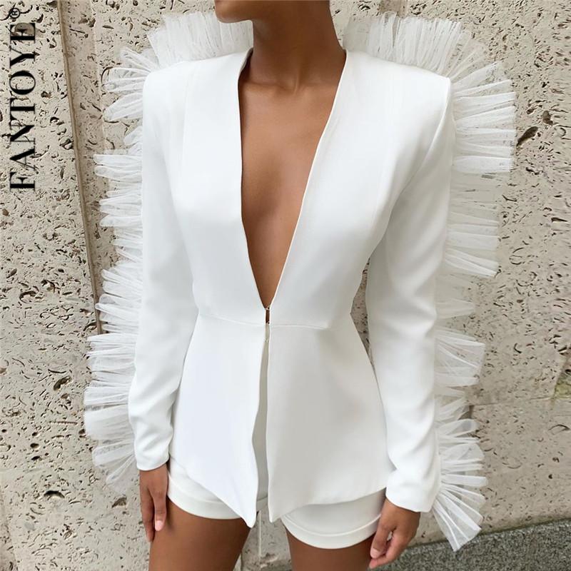 Elegant  Lace Ruffle Short Set Long Sleeve V Neck Jacket