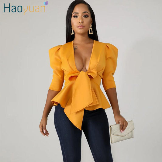 Modern  Blouse V Neck Half Sleeve Ruffle Front Bow Style