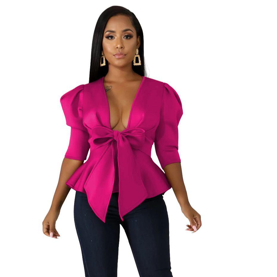 Modern  Blouse V Neck Half Sleeve Ruffle Front Bow Style