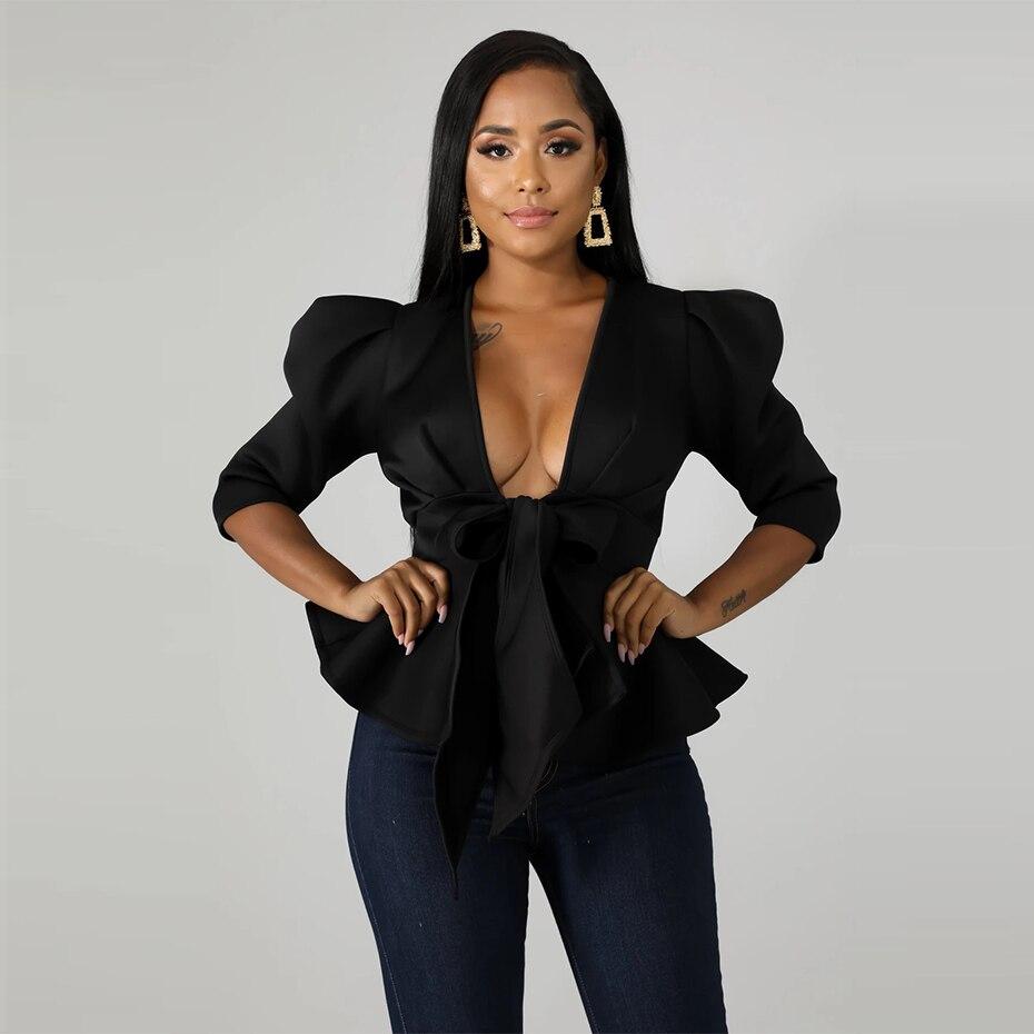 Modern  Blouse V Neck Half Sleeve Ruffle Front Bow Style