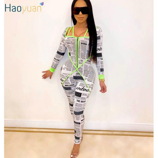 Newspaper Print Bodycon One Piece Long Sleeve Zipper