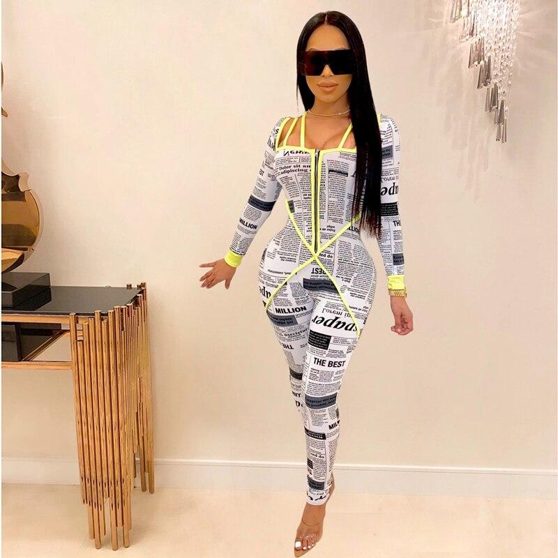 Newspaper Print Bodycon One Piece Long Sleeve Zipper