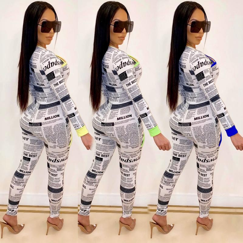 Newspaper Print Bodycon One Piece Long Sleeve Zipper