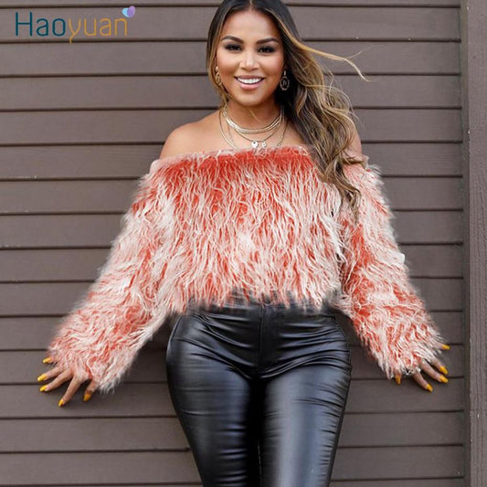 Modern Faux Fur Jacket Off Shoulder Loose Long Sleeve