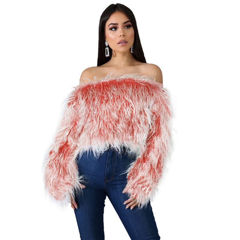 Modern Faux Fur Jacket Off Shoulder Loose Long Sleeve